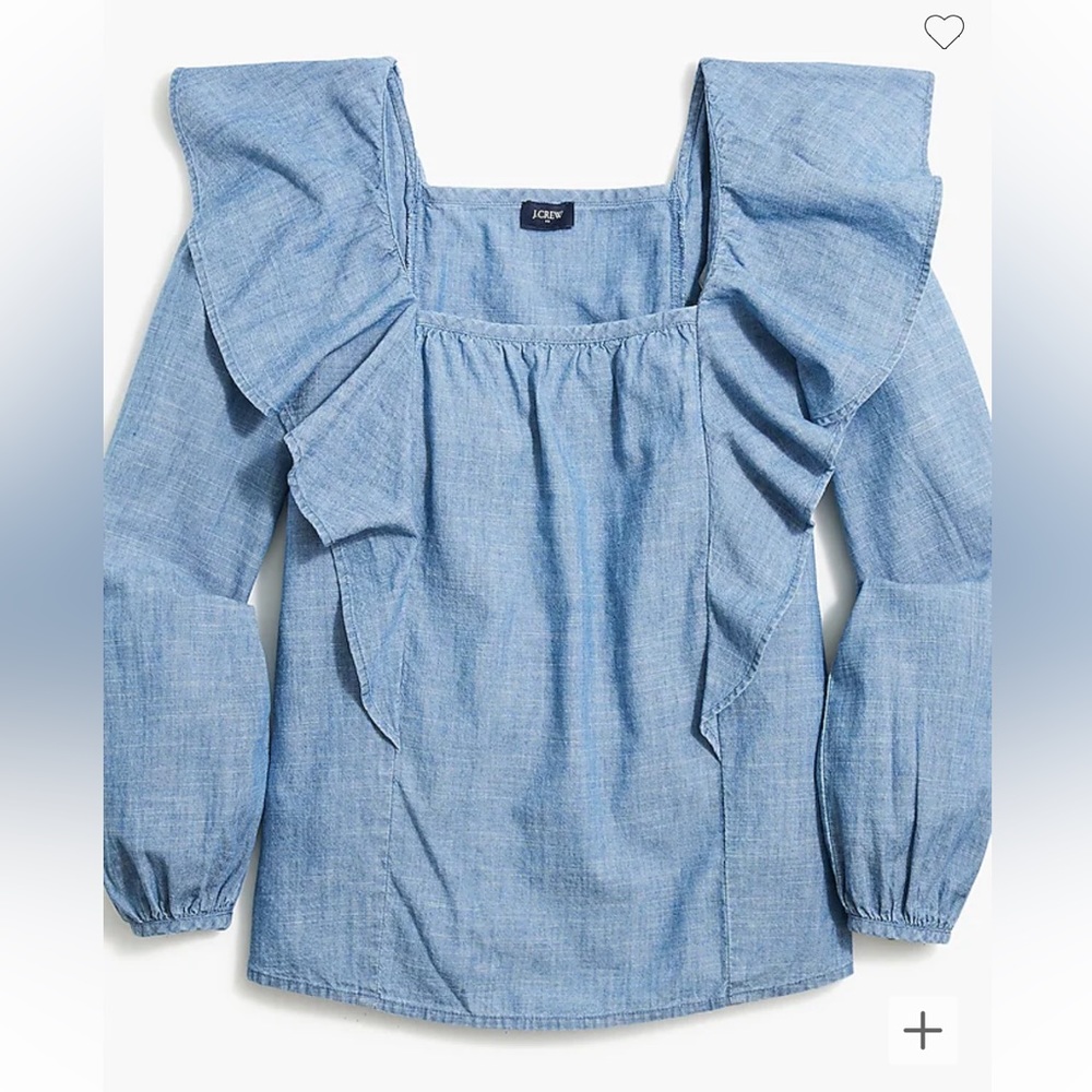 J crew factory denim‎ Chambray squareneck ruffle top in vista blue wash size XS
